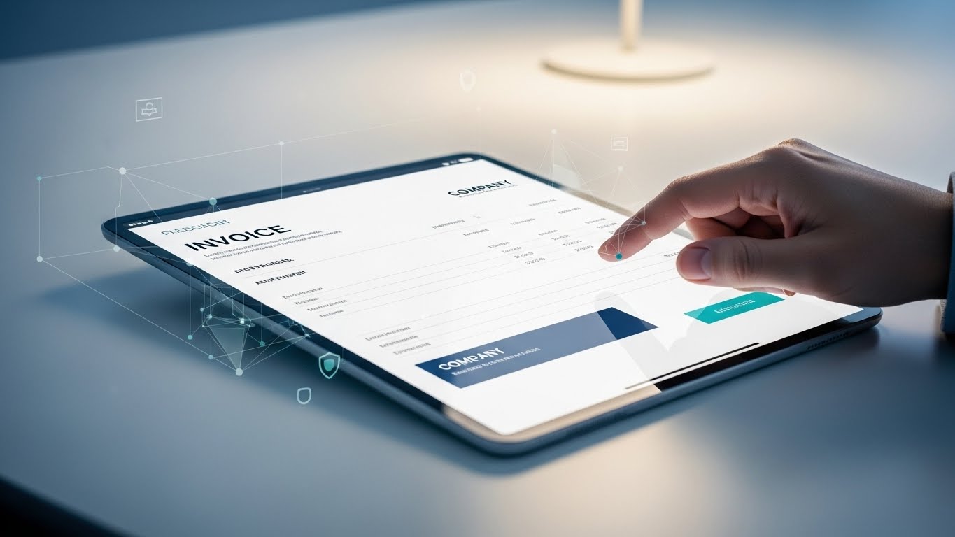 Hand interacting with digital invoice tablet.