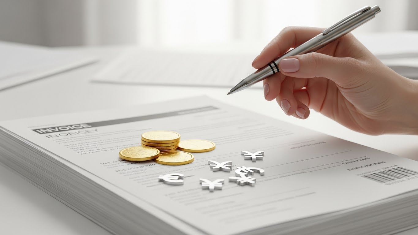 Hand holding pen over invoice