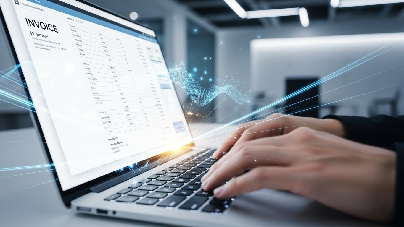 Person typing on laptop with invoice