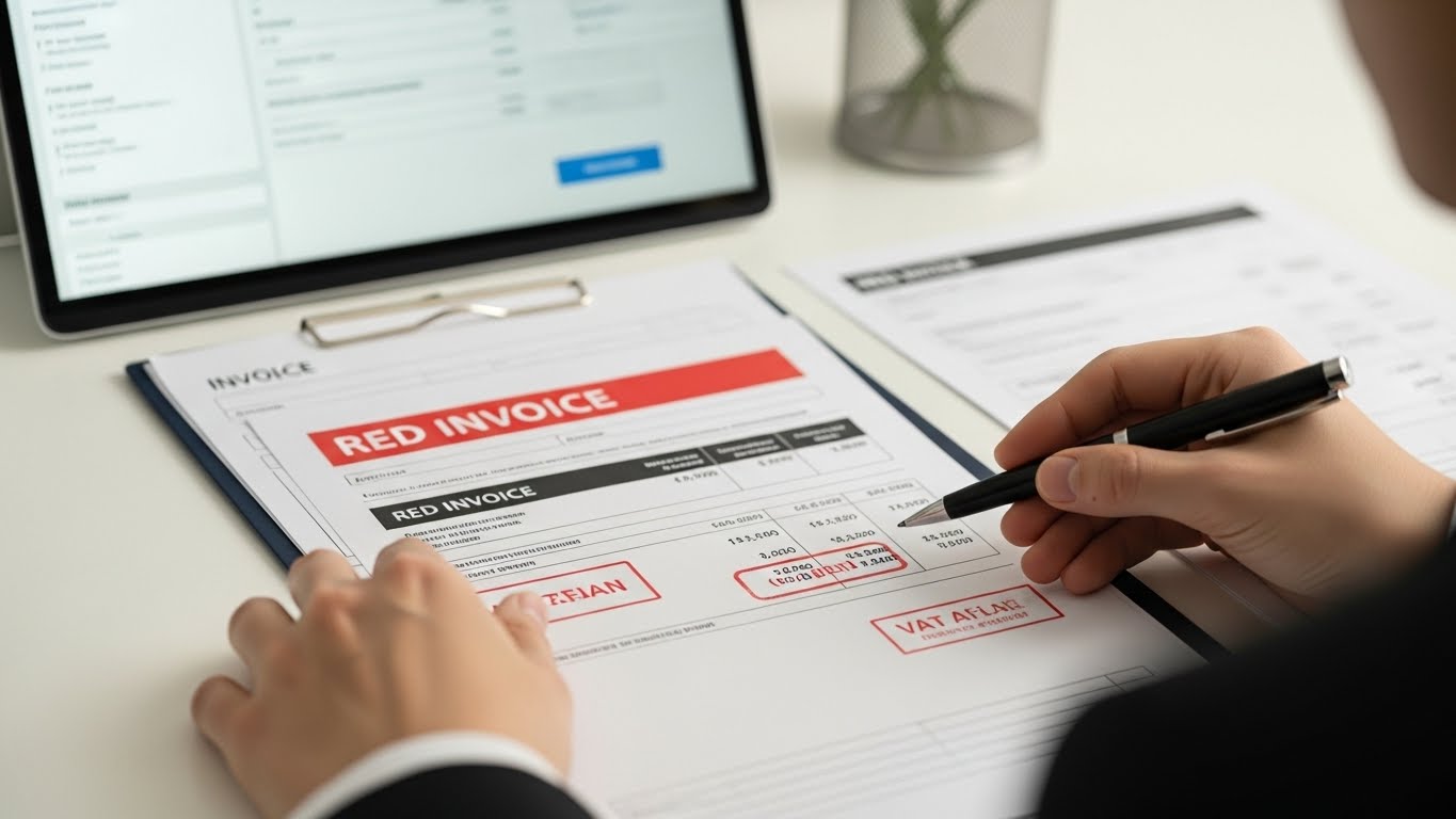 Person reviewing a red invoice document.