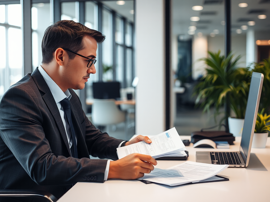 Cảnh văn phòng hiện đại với kế toán đang xem xét tài liệu trên bàn làm việc, không gian chuyên nghiệp và ánh sáng trong nhà dịu nhẹ