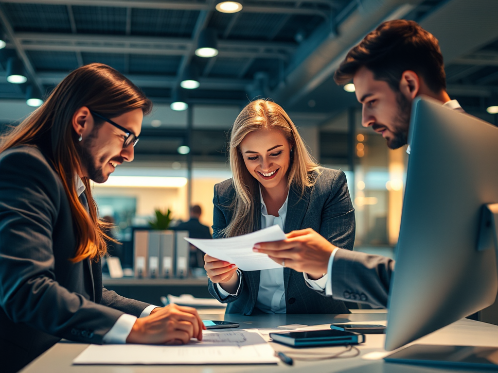 Cảnh văn phòng hiện đại với nhân viên đang xem xét tài liệu trên máy tính, ánh sáng ấm áp tạo không gian làm việc chuyên nghiệp