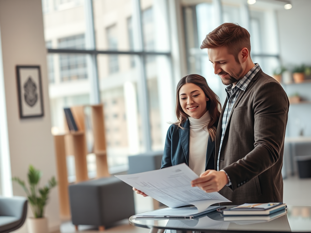 Cặp vợ chồng trẻ xem xét hồ sơ mua nhà tại văn phòng bất động sản hiện đại, ánh sáng tự nhiên, không gian chuyên nghiệp, tạo cảm giác tin cậy cho người mua ngoại tỉnh