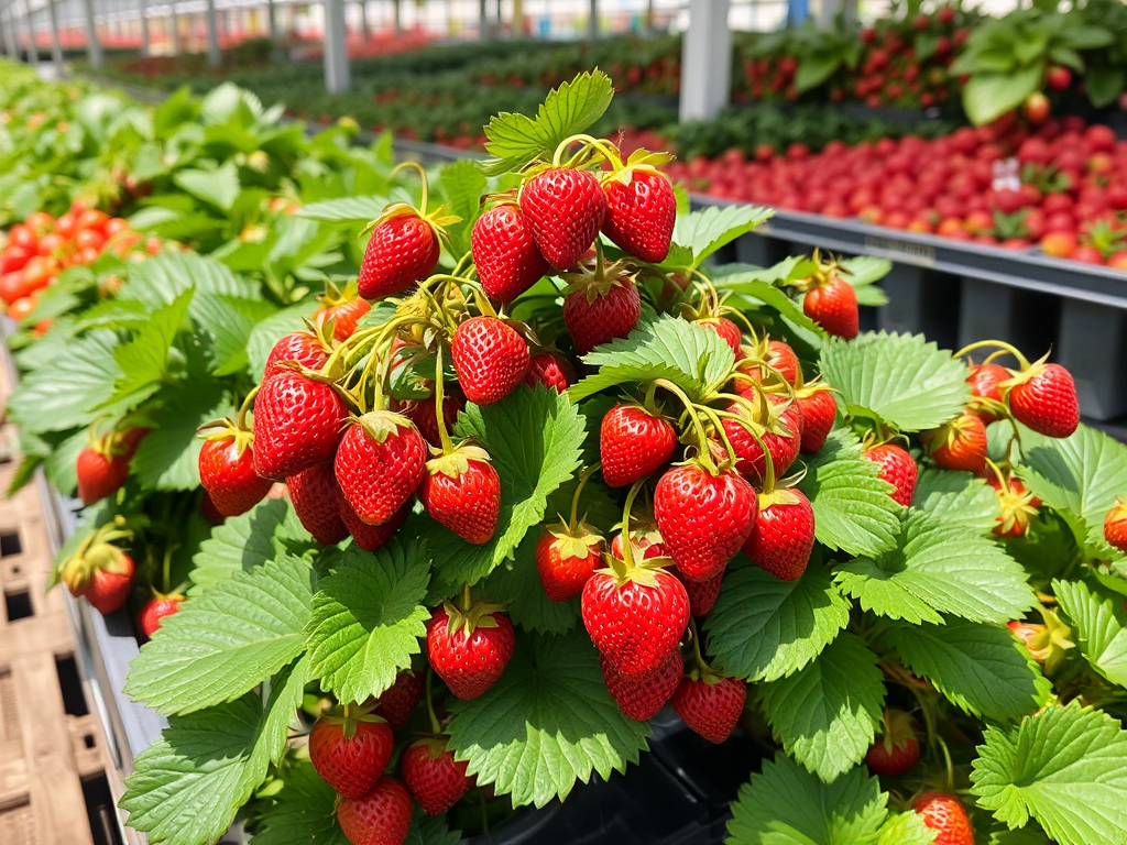 Cây dâu tây đỏ tươi với quả mọng trên lá xanh trong chợ nông sản, ánh sáng tự nhiên làm nổi bật màu sắc rực rỡ của sản phẩm