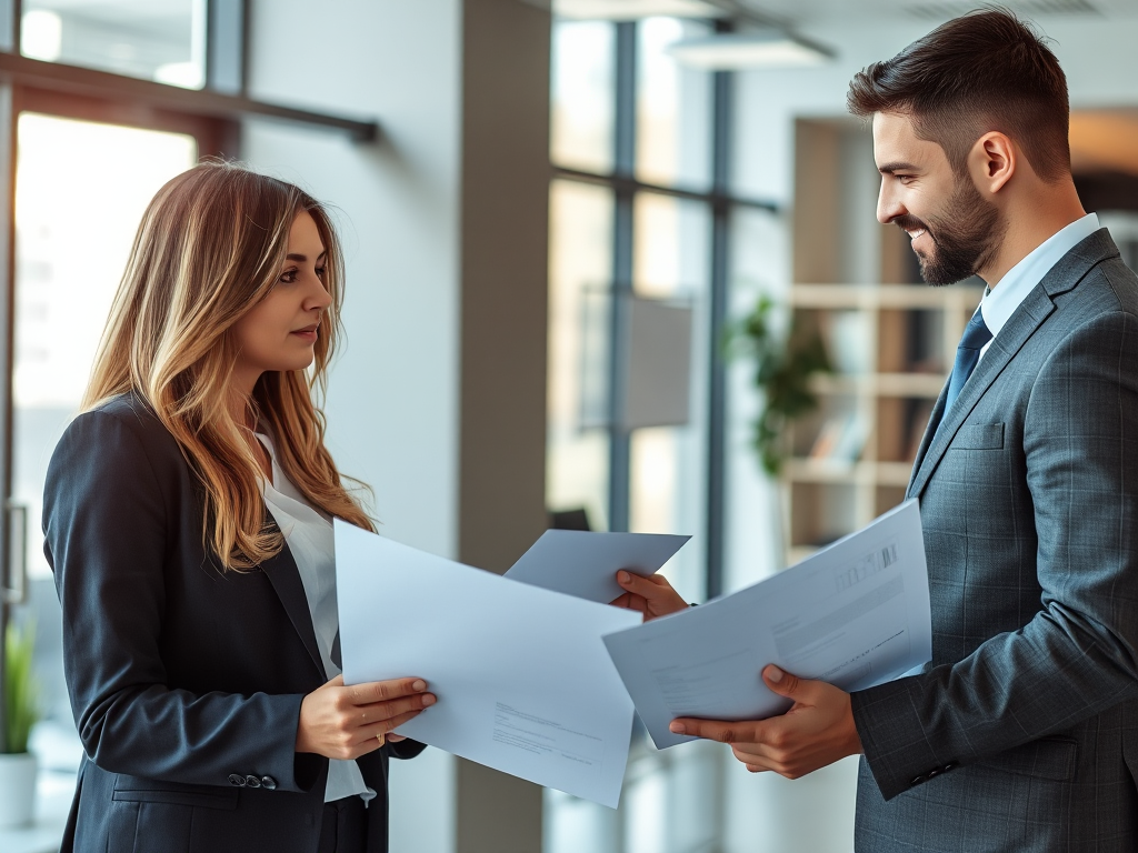 Chuyên viên bất động sản hướng dẫn khách hàng xem xét hồ sơ mua bán nhà đất tại văn phòng, ánh sáng tự nhiên, phong cách chuyên nghiệp