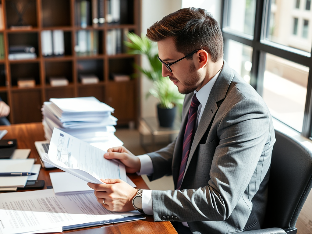 Chuyên viên kế toán đang kiểm tra hồ sơ giấy tờ trên bàn làm việc trong văn phòng, tài liệu được sắp xếp gọn gàng, không gian làm việc chuyên nghiệp với ánh sáng tự nhiên.