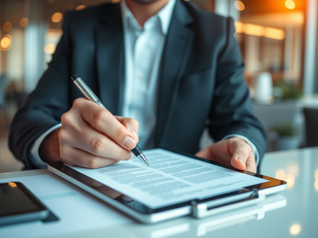 Chuyên viên kế toán đang ký tài liệu điện tử trên máy tính bảng trong văn phòng hiện đại, ánh sáng dịu nhẹ tạo không gian làm việc chuyên nghiệp