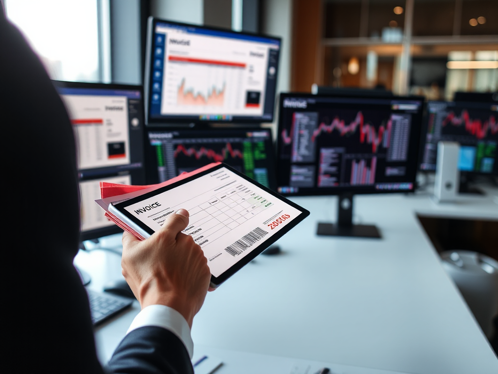 Chuyên viên kế toán đang sử dụng máy tính bảng để xử lý hóa đơn đỏ trong văn phòng hiện đại với màn hình máy tính hiển thị phần mềm tài chính