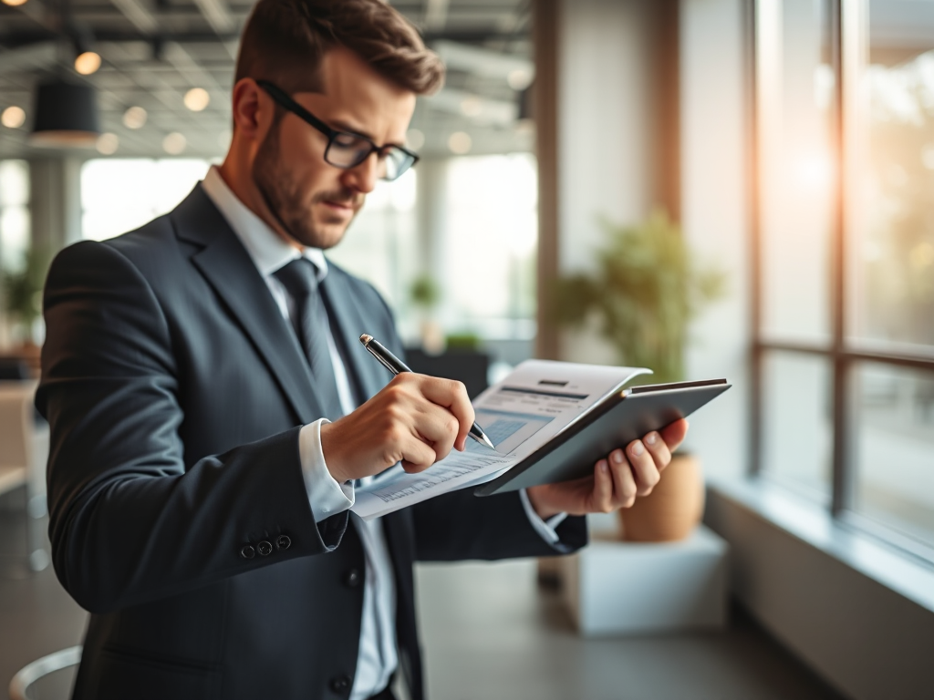 Chuyên viên kế toán ký số trên máy tính bảng trong văn phòng hiện đại, đèn chiếu sáng tự nhiên, môi trường làm việc chuyên nghiệp