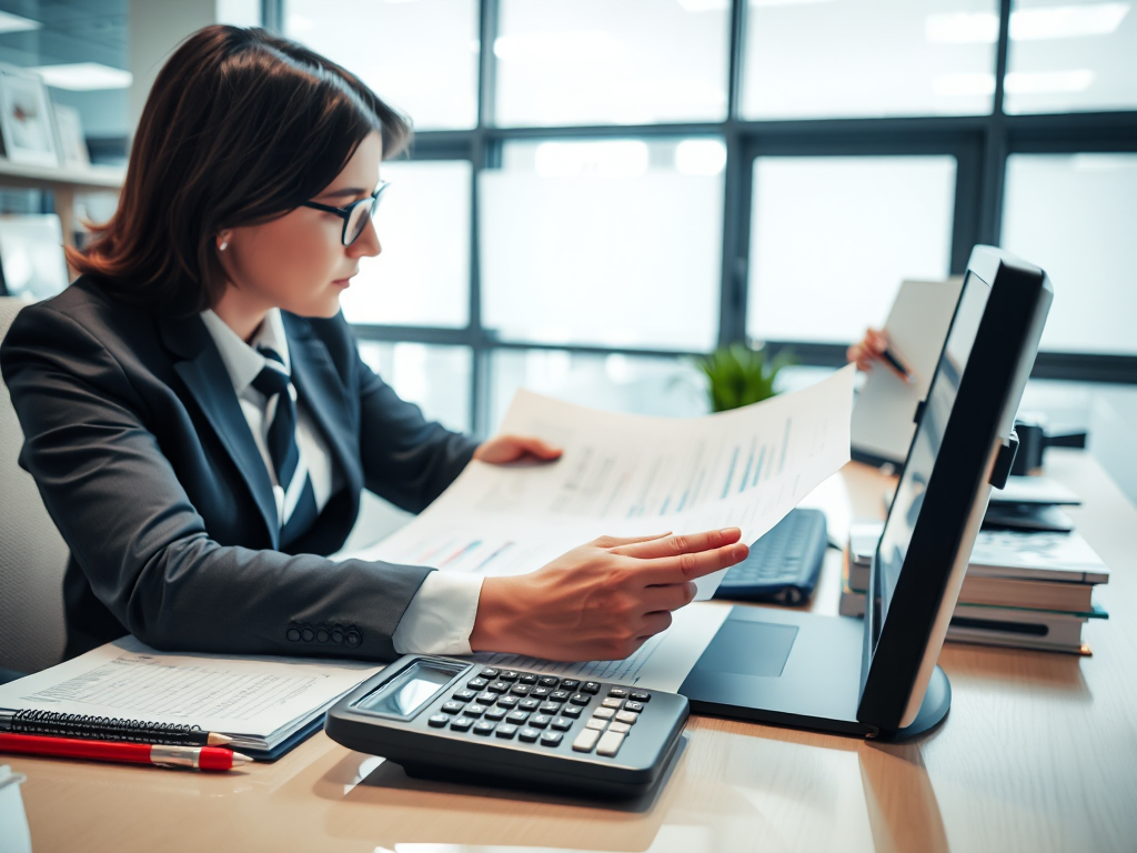 Chuyên viên kế toán xem xét tài liệu tài chính trên bàn làm việc, không gian làm việc ngăn nắp với máy tính và hồ sơ, ánh sáng văn phòng sáng rõ