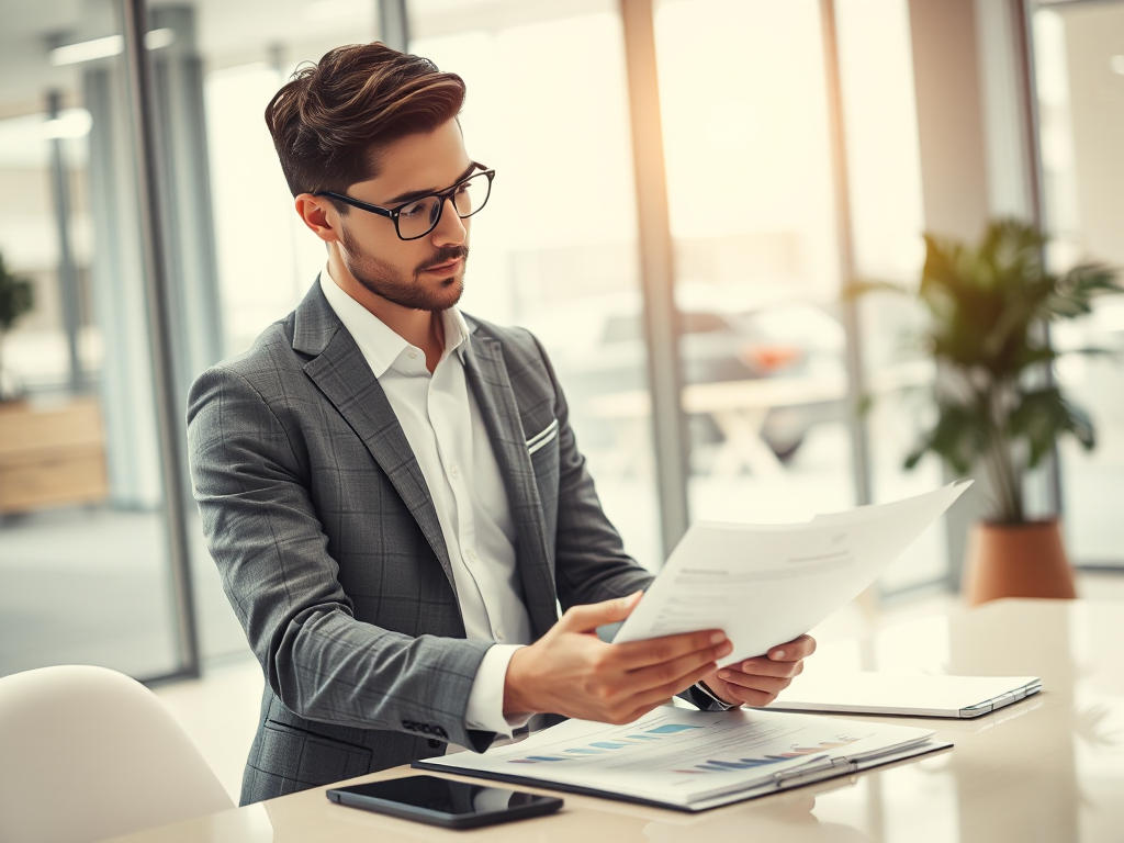 Chuyên viên kế toán xem xét tài liệu tài chính trong văn phòng hiện đại với ánh sáng tự nhiên dịu nhẹ, môi trường làm việc chuyên nghiệp
