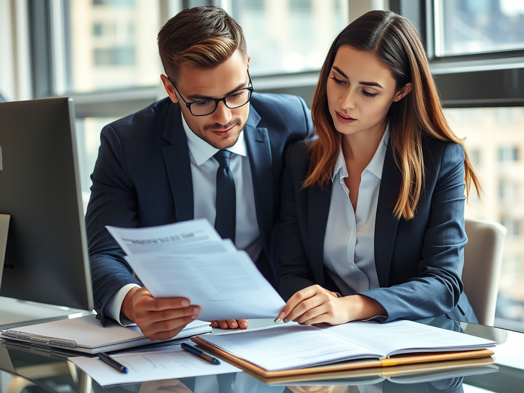 Chuyên viên kinh doanh xem xét hồ sơ giấy tờ trên bàn làm việc, văn phòng hiện đại với ánh sáng tự nhiên, phong cách nhiếp ảnh doanh nghiệp