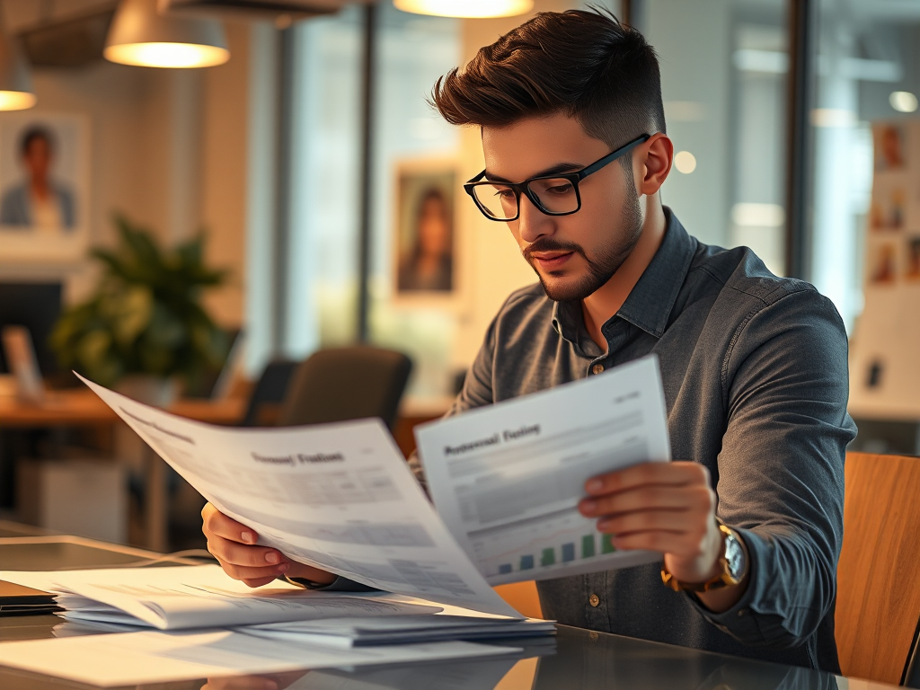 Doanh nhân trẻ đang xem xét tài liệu tài chính trên bàn làm việc trong văn phòng hiện đại với ánh sáng ấm áp, tạo không khí chuyên nghiệp cho việc mua hóa đơn đỏ cho công ty mới thành lập