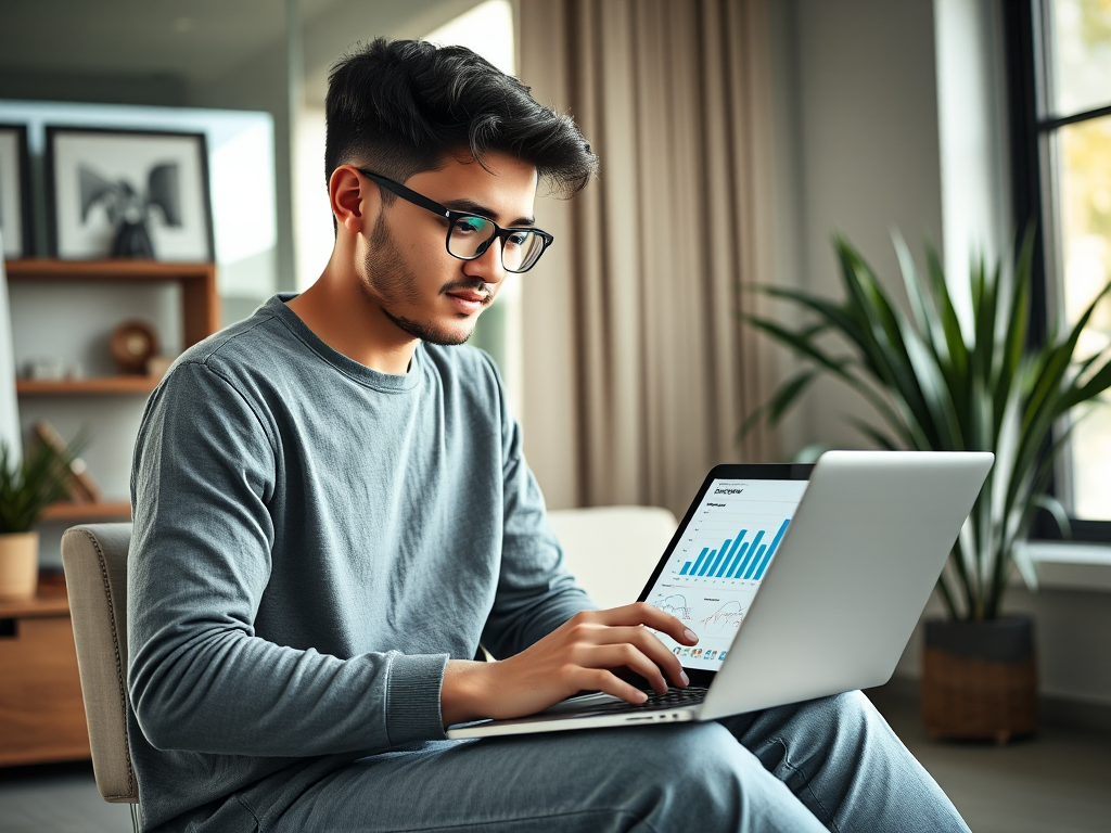 Doanh nhân trẻ làm việc với laptop và máy tính bảng trong văn phòng tại nhà hiện đại, ánh sáng tự nhiên dịu nhẹ, không gian làm việc chuyên nghiệp