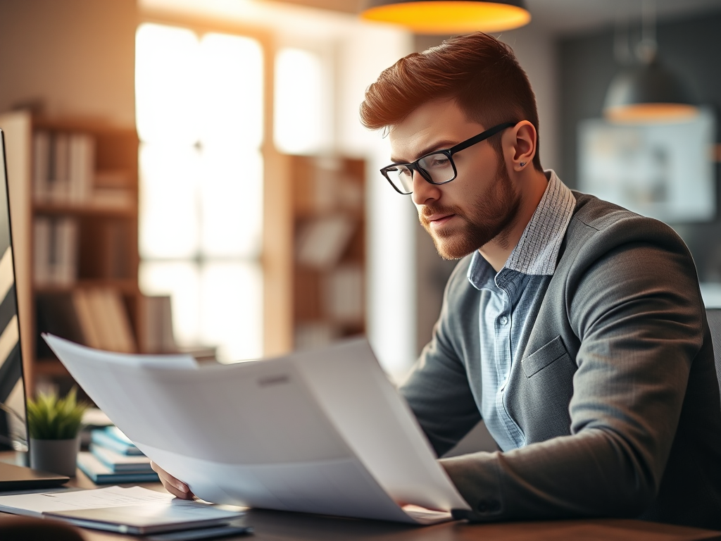 Doanh nhân trẻ ngồi làm việc tại bàn với các tài liệu tài chính, văn phòng ấm cúng, biểu cảm tập trung, môi trường kinh doanh chuyên nghiệp