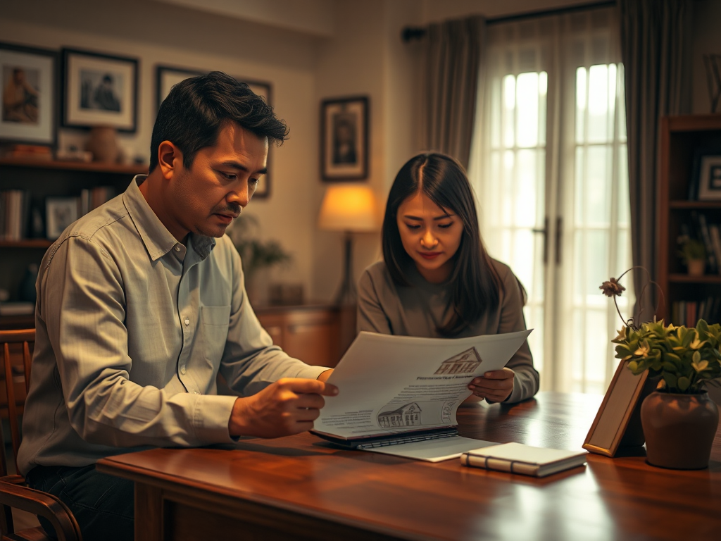 Gia đình người Việt Nam xem xét tài liệu mua bán nhà đất tại bàn gỗ, ánh sáng ấm áp, không gian nội thất chi tiết, phong cách nhiếp ảnh chân thực