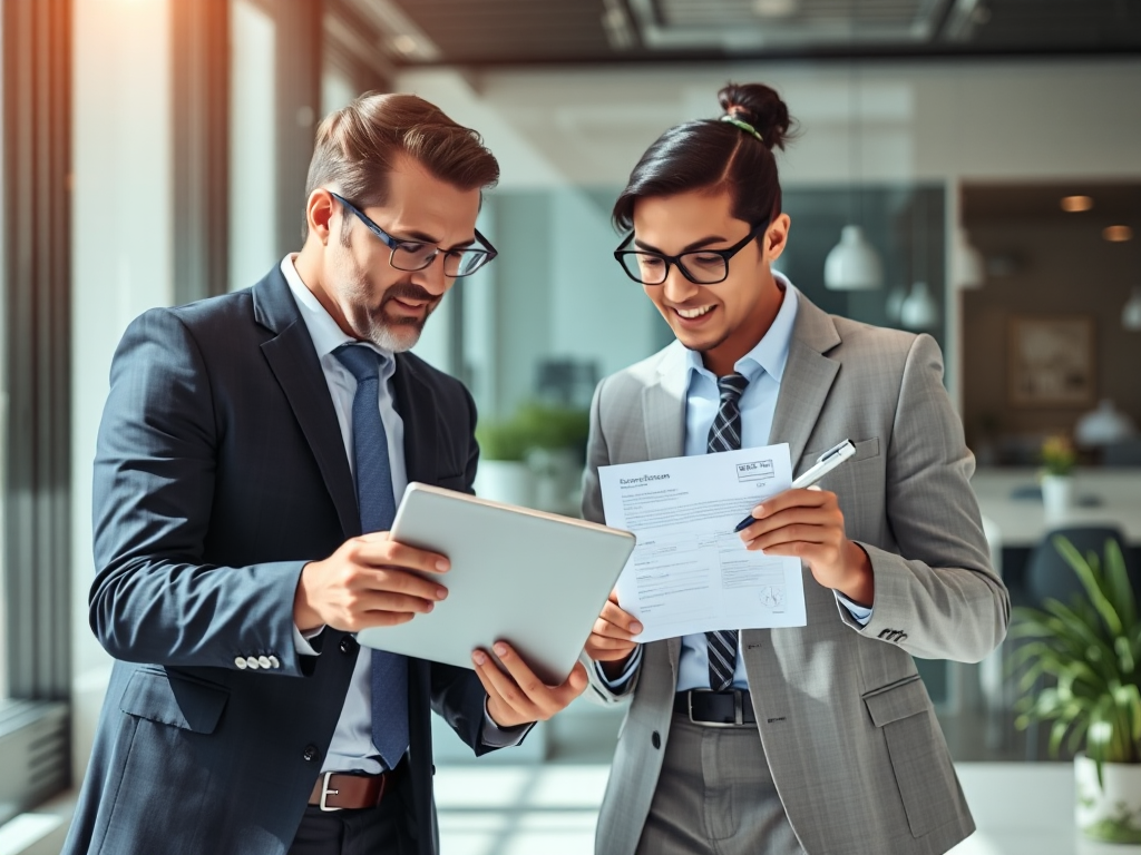 Hai chuyên gia kinh doanh so sánh quy trình đăng ký kinh doanh online và offline, sử dụng máy tính bảng và hồ sơ giấy tờ trong văn phòng hiện đại, ánh sáng tự nhiên rõ ràng, phong cách chuyên nghiệp.