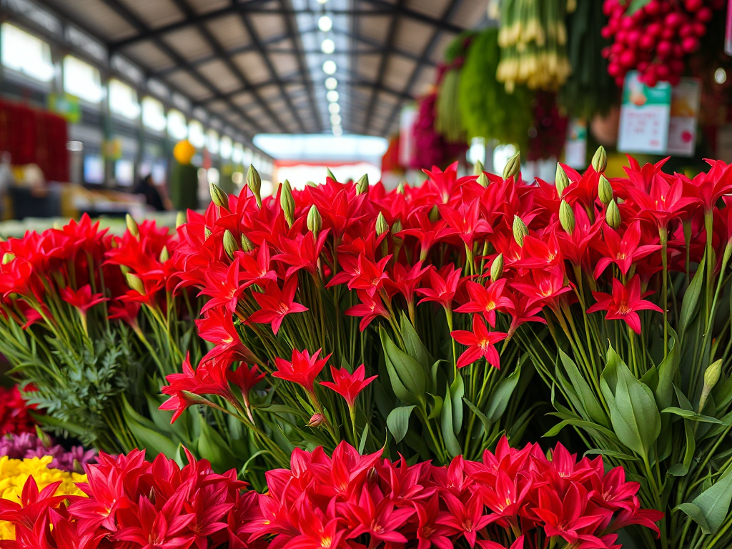 Hoa há đơn đỏ tươi mới được bày bán tại chợ hoa sỉ với ánh sáng tự nhiên, thể hiện chất lượng sản phẩm cho khách mua sỉ