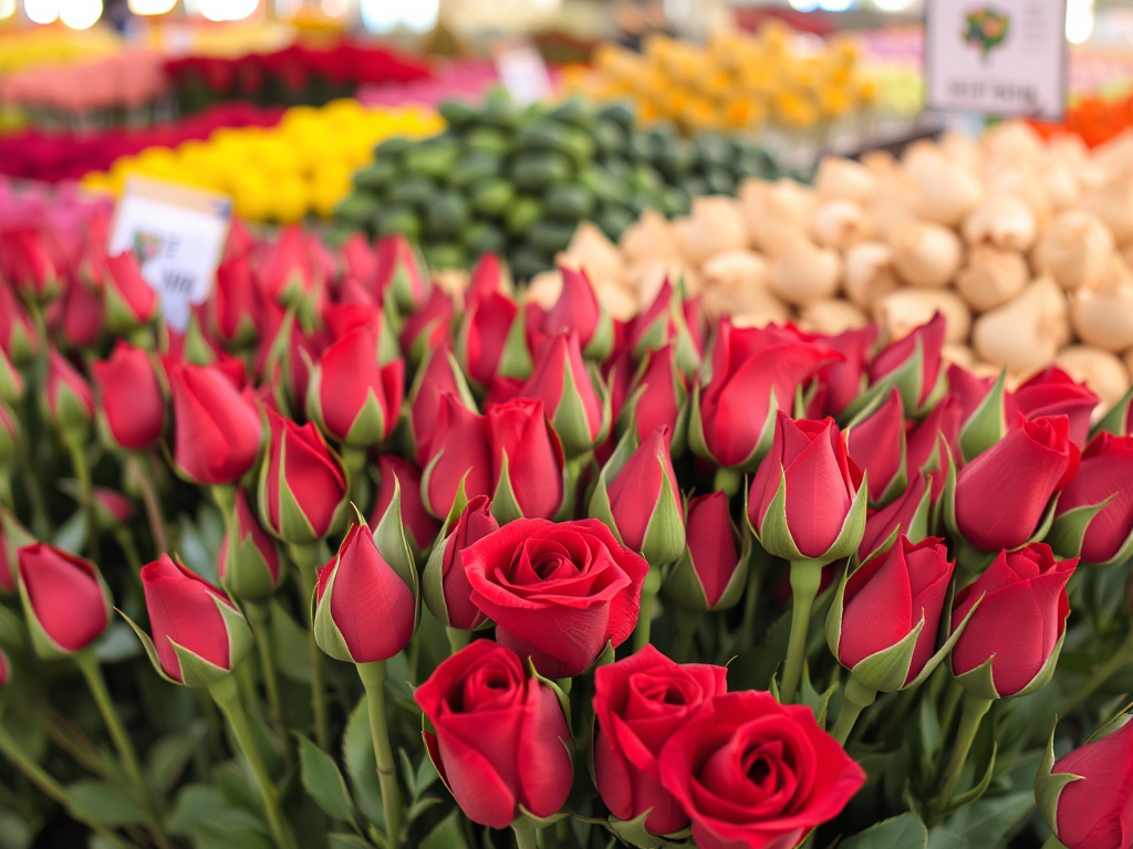 Hoa hồng đỏ tươi mới được sắp xếp trong gian hàng chợ hoa, thể hiện giá sỉ và chất lượng sản phẩm, ánh sáng tự nhiên làm nổi bật màu sắc rực rỡ