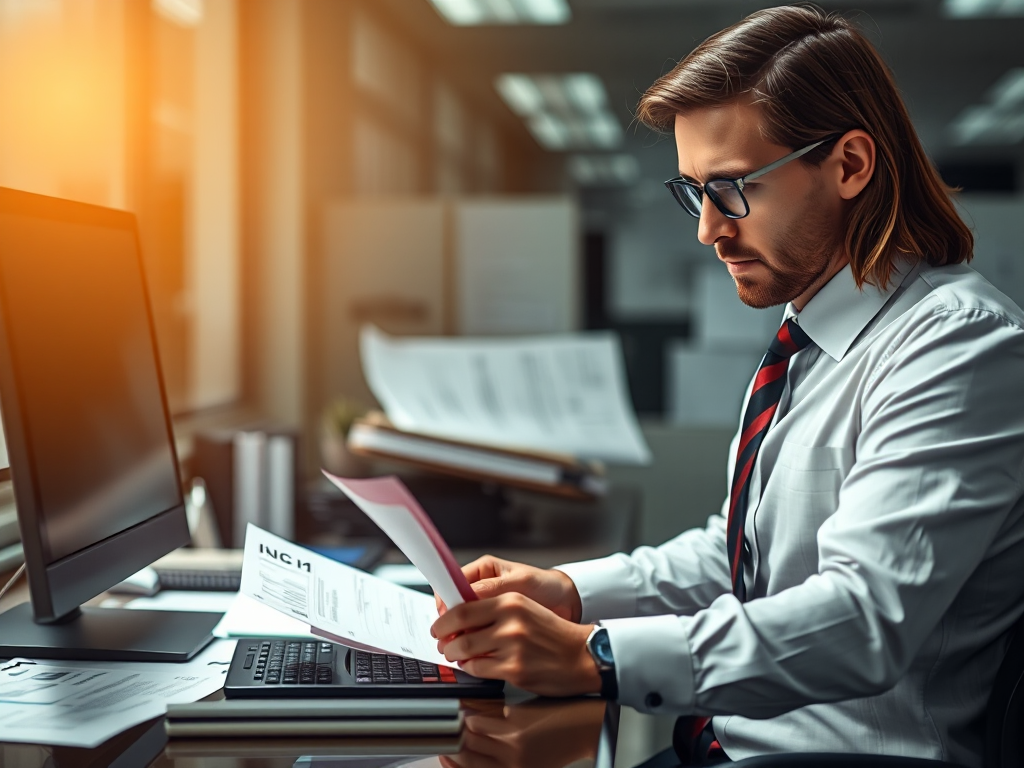 Kế toán đang xử lý hóa đơn đỏ tại bàn làm việc văn phòng, giấy tờ được sắp xếp gọn gàng, ánh sáng văn phòng sáng rõ, môi trường làm việc chuyên nghiệp