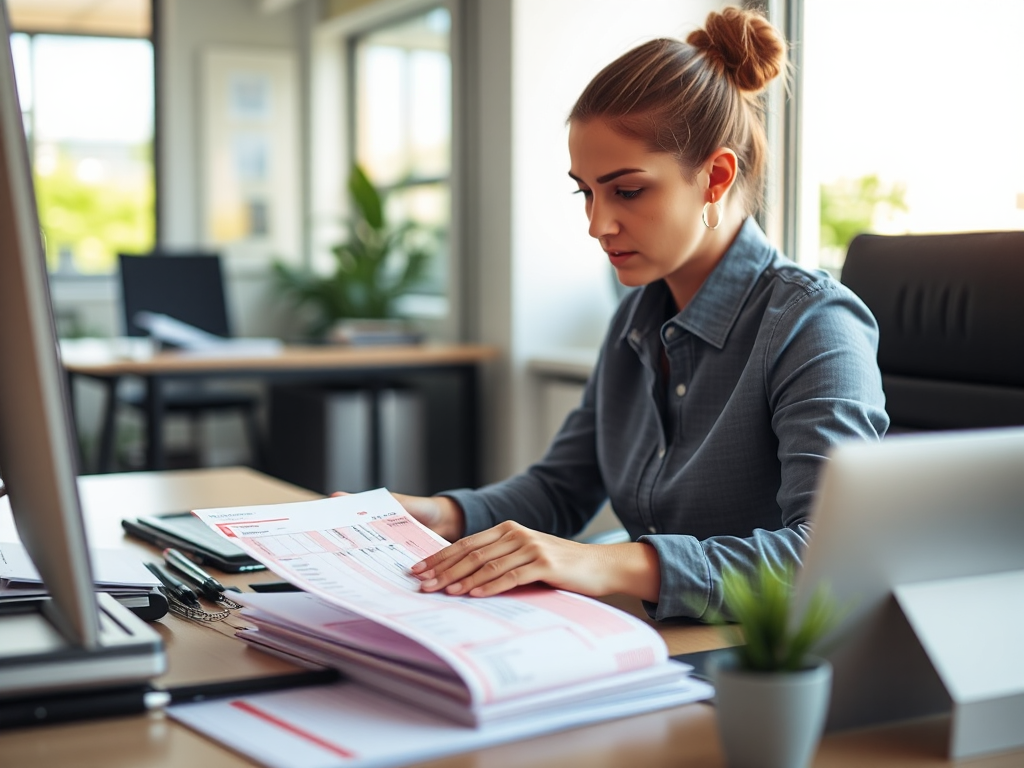 Kế toán đang xử lý hóa đơn đỏ tại văn phòng, chăm chú làm việc với giấy tờ, ánh sáng tự nhiên từ cửa sổ, phong cách chụp ảnh doanh nghiệp chuyên nghiệp
