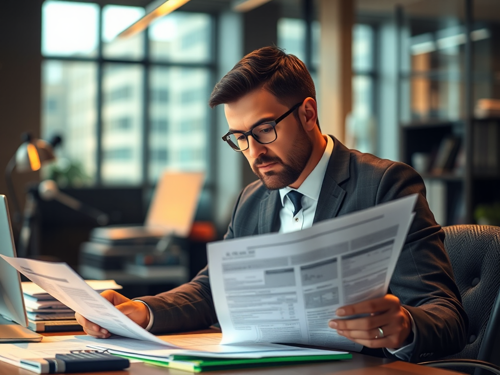 Kế toán viên chuyên nghiệp đang xem xét hóa đơn đỏ và tài liệu thuế trên bàn làm việc, không gian văn phòng hiện đại với ánh sáng ấm áp, biểu cảm tập trung vào công việc.