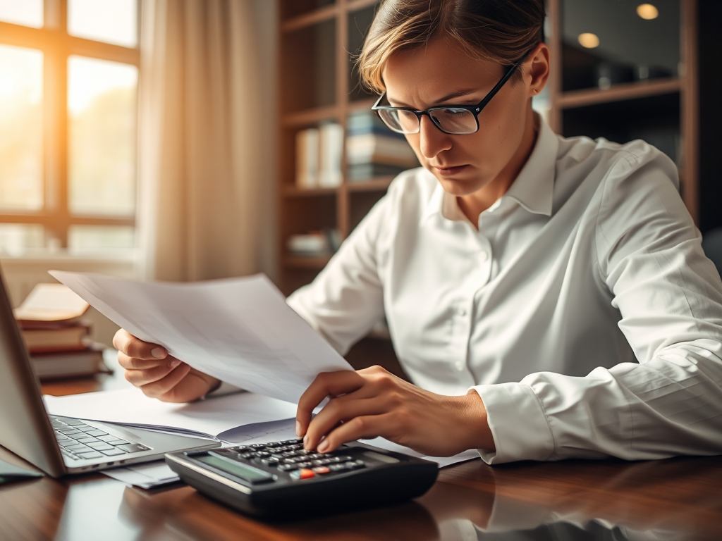 Kế toán viên đang kiểm tra tài liệu và máy tính trên bàn làm việc trong văn phòng, ánh sáng ấm áp tạo không gian làm việc chuyên nghiệp