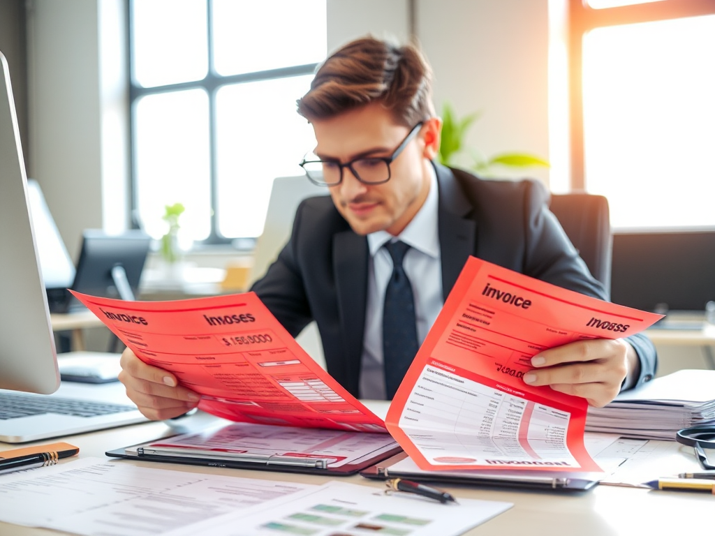 Kế toán viên đang xem xét các mẫu hóa đơn đỏ chuẩn tại bàn làm việc, giấy tờ được sắp xếp gọn gàng trong văn phòng tài chính chuyên nghiệp