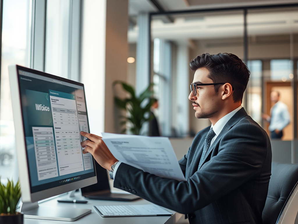 Kế toán viên đang xem xét các tài liệu tài chính và hóa đơn điện tử trên máy tính trong văn phòng hiện đại, ánh sáng tự nhiên nhẹ nhàng, phong cách chụp ảnh doanh nghiệp