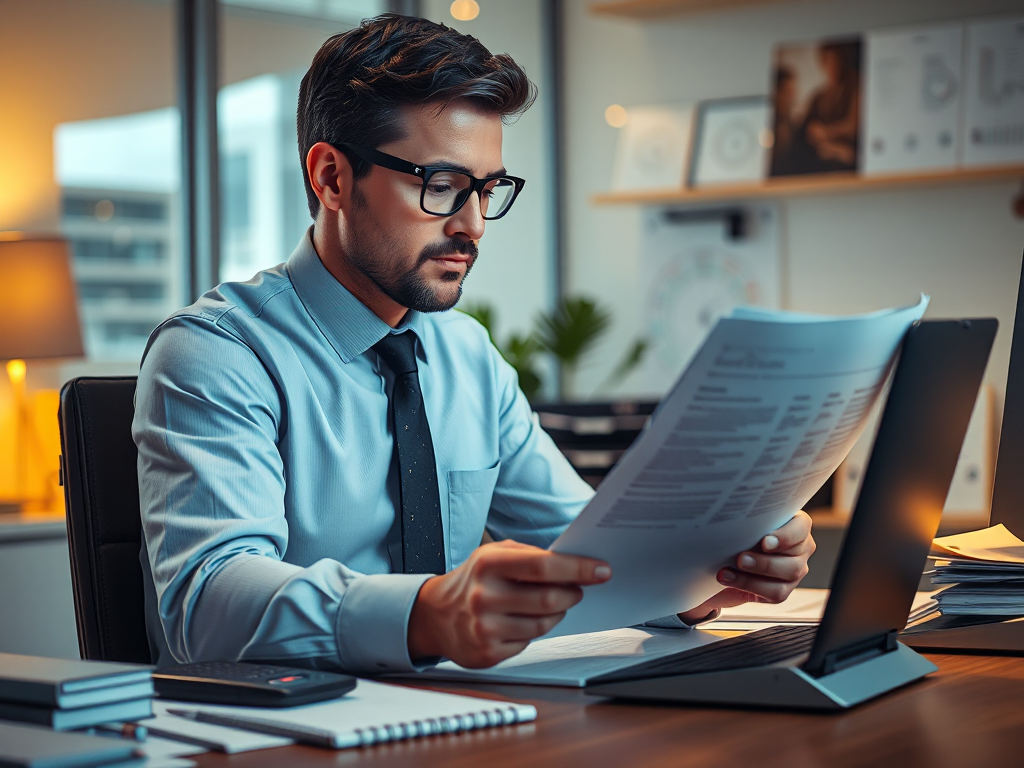 Kế toán viên đang xem xét hồ sơ tài chính trên bàn làm việc với ánh sáng văn phòng ấm áp và không gian làm việc ngăn nắp