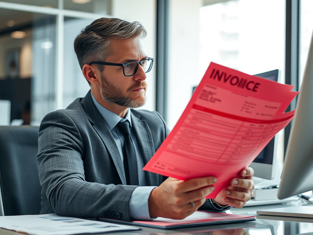 Kế toán viên đang xem xét hóa đơn đỏ tại bàn làm việc với máy tính và giấy tờ, biểu cảm tập trung trong môi trường văn phòng chuyên nghiệp