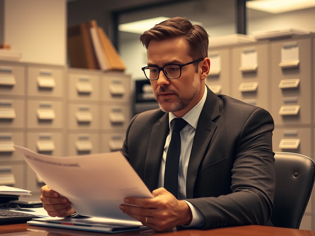 Kế toán viên đang xem xét tài liệu tại bàn làm việc trong văn phòng, biểu cảm tập trung, có tủ hồ sơ phía sau, ánh sáng văn phòng ấm áp