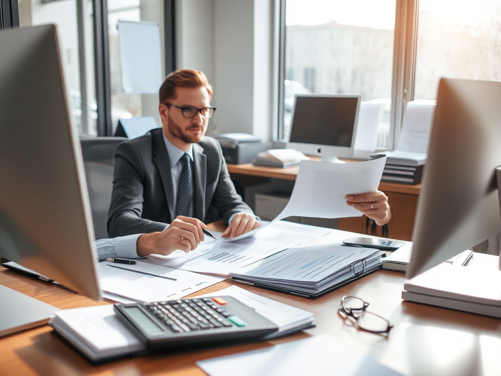 Kế toán viên đang xem xét tài liệu tài chính trên bàn làm việc với máy tính, máy tính bỏ túi và giấy tờ, ánh sáng tự nhiên từ cửa sổ chiếu vào văn phòng chuyên nghiệp