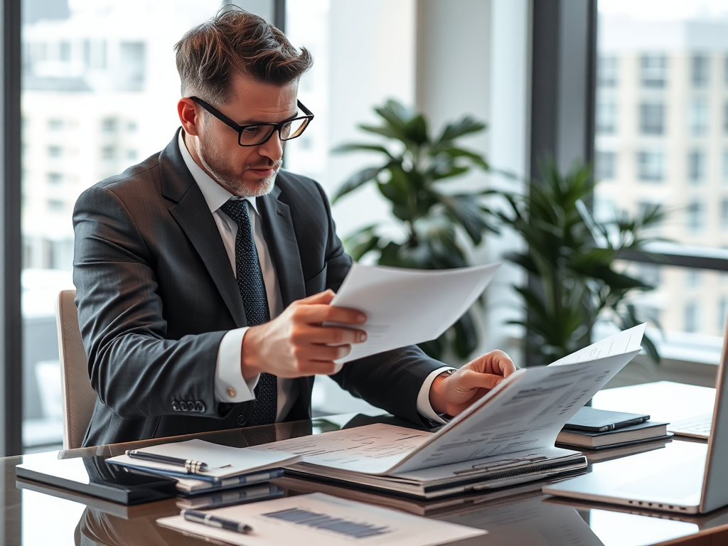 Kế toán viên đang xem xét tài liệu tài chính trên bàn làm việc trong văn phòng hiện đại, ánh sáng tự nhiên từ cửa sổ, không khí làm việc chuyên nghiệp