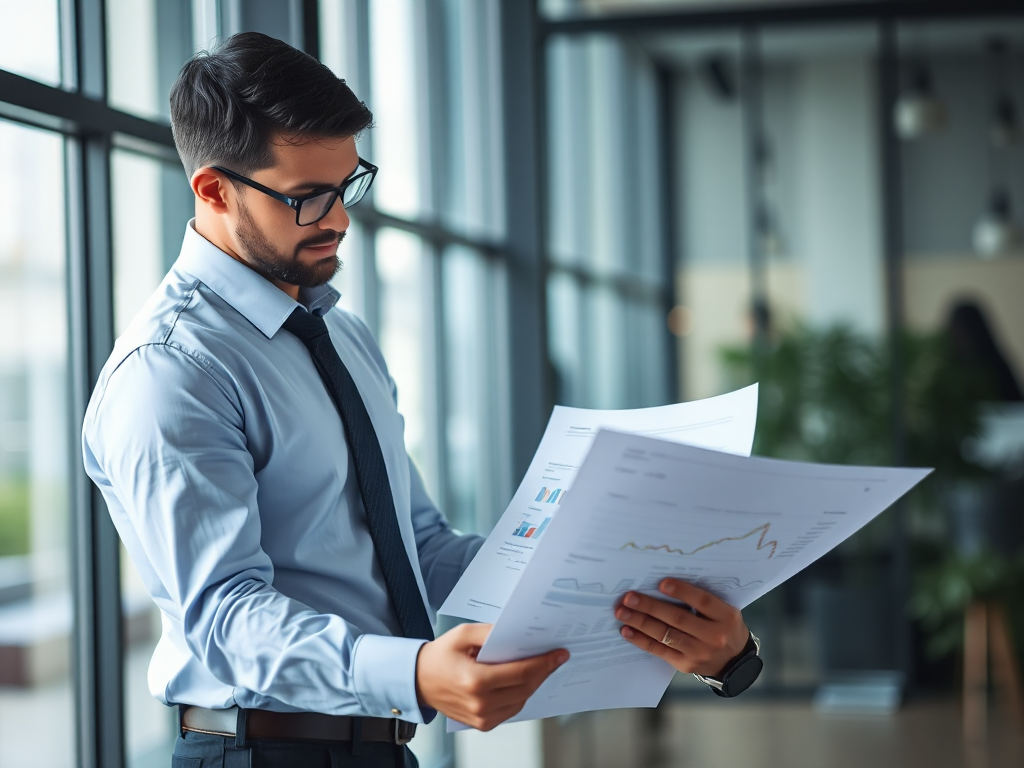 Kế toán viên đang xem xét tài liệu tài chính trong văn phòng hiện đại với ánh sáng tự nhiên, không gian làm việc ngăn nắp với tài liệu và máy tính bỏ túi, tạo cảm giác chuyên nghiệp và đáng tin cậy