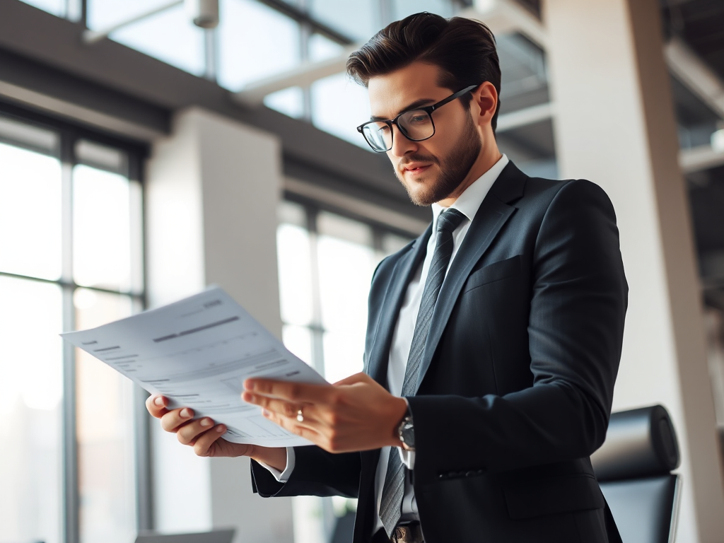 Kế toán viên đang xem xét tài liệu tài chính trong văn phòng hiện đại với ánh sáng tự nhiên, biểu cảm tập trung, môi trường làm việc chuyên nghiệp