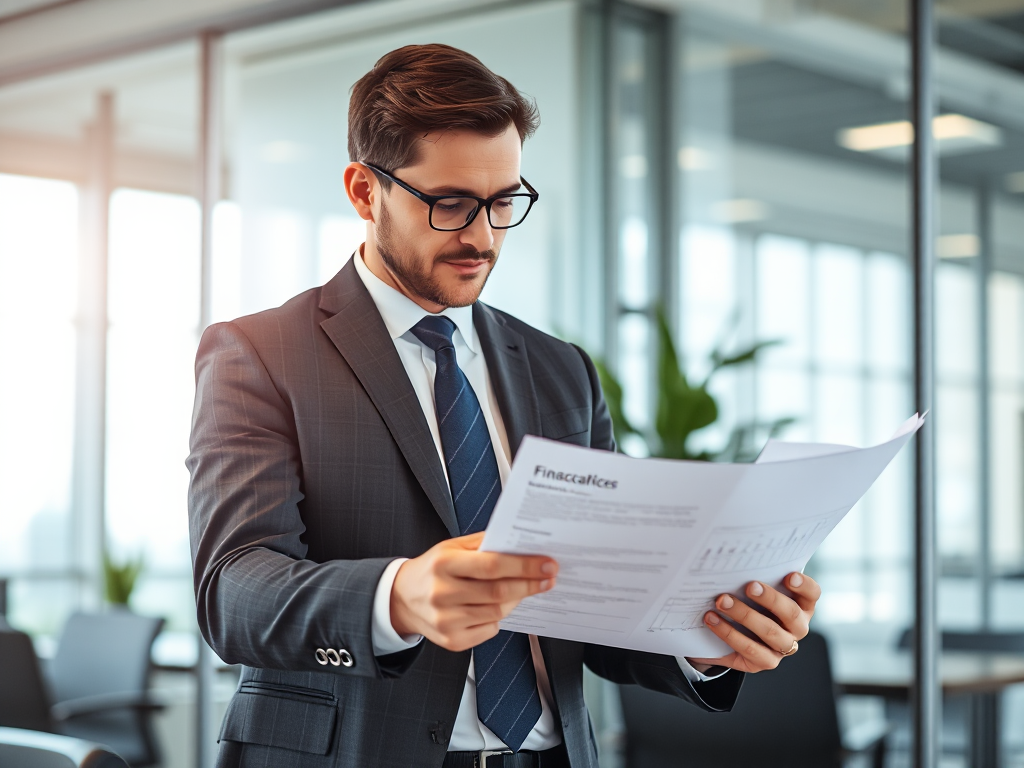 Kế toán viên đang xem xét tài liệu tài chính trong văn phòng hiện đại với ánh sáng tự nhiên, thể hiện công việc kế toán chuyên nghiệp