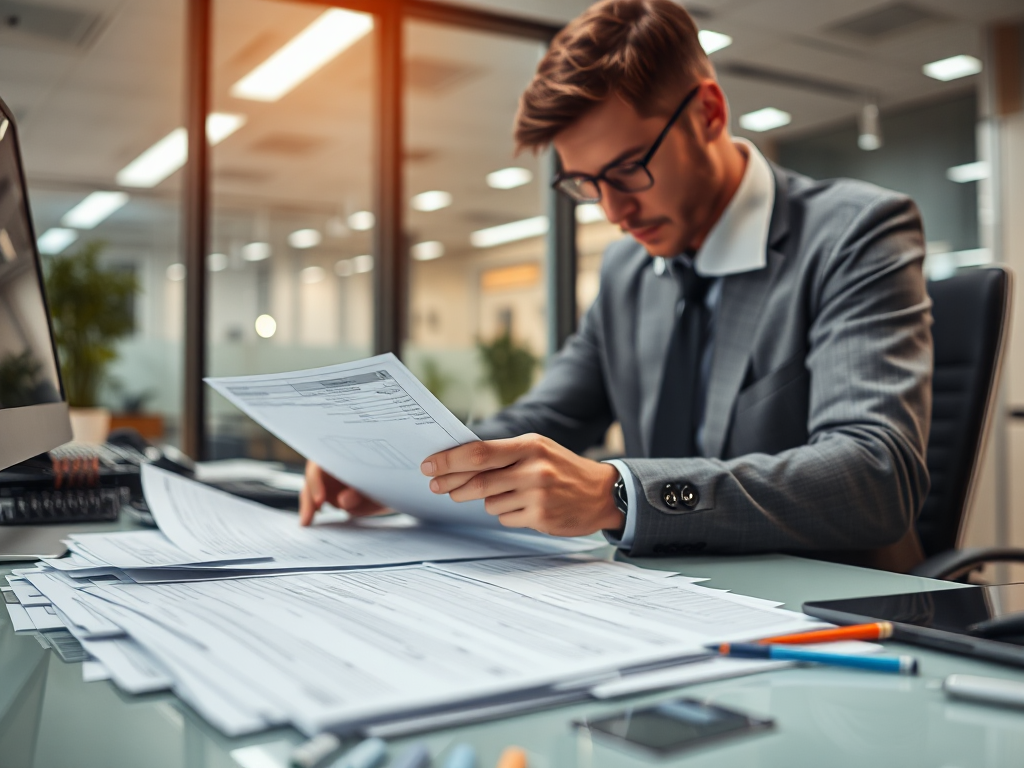 Kế toán viên sắp xếp các loại hóa đơn đỏ trên bàn làm việc trong văn phòng chuyên nghiệp, ánh sáng tập trung, môi trường kế toán hiện đại