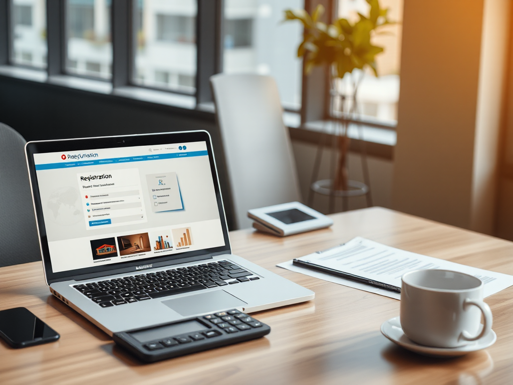 Không gian làm việc văn phòng hiện đại với máy tính xách tay hiển thị trang đăng ký kinh doanh online, máy tính, tài liệu và ly cà phê trên bàn làm việc chuyên nghiệp