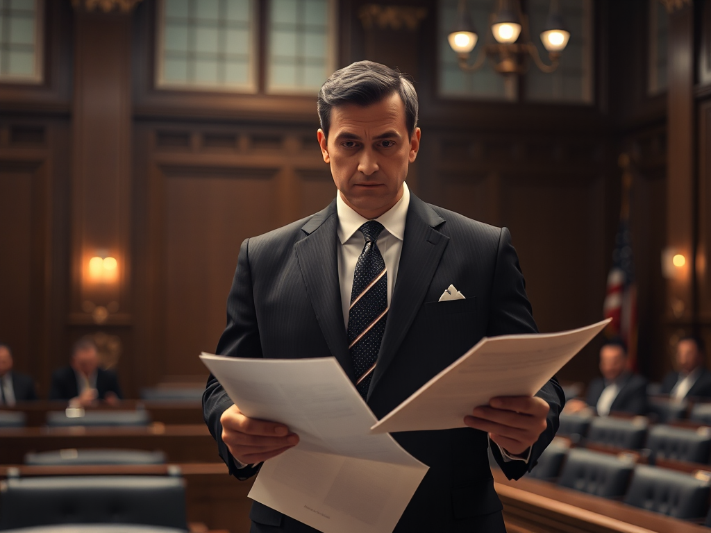 Luật sư cầm hồ sơ pháp lý trong phòng xử án với ánh sáng kịch tính, thể hiện hậu quả nghiêm trọng của hành vi mua bán hóa đơn đỏ trái phép