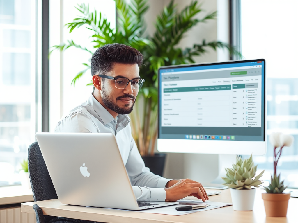 Người làm việc văn phòng hiện đại đang sử dụng laptop để đăng ký thuế online, màn hình hiển thị các biểu mẫu thuế điện tử, không gian làm việc chuyên nghiệp với cây xanh trên bàn, ánh sáng tự nhiên...