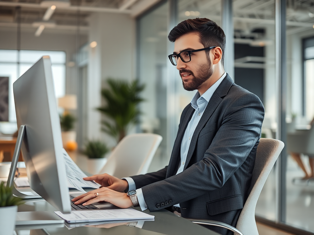 Nhân viên kế toán đang làm việc với máy tính để xử lý hóa đơn và thủ tục thuế trong văn phòng chuyên nghiệp, ánh sáng tự nhiên dịu nhẹ