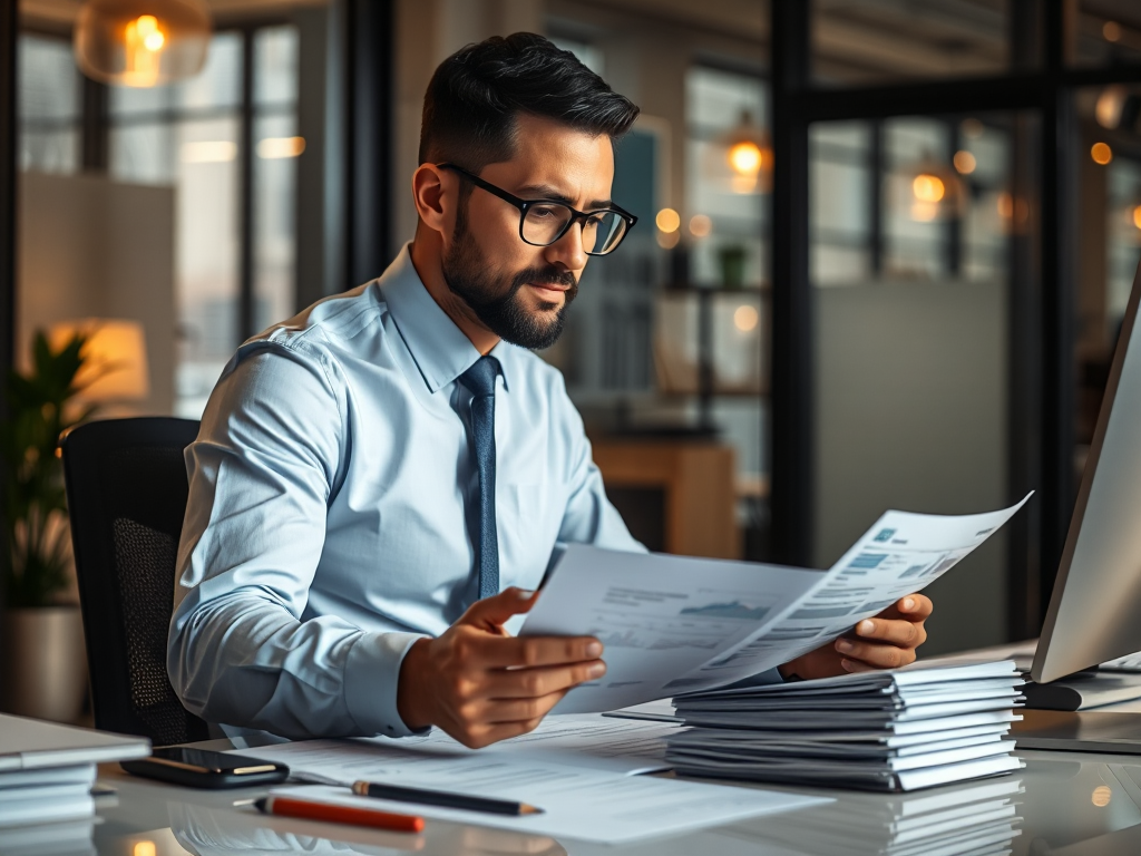Nhân viên kế toán đang xem xét hóa đơn và tài liệu tài chính trên bàn làm việc trong văn phòng chuyên nghiệp với ánh sáng ấm áp