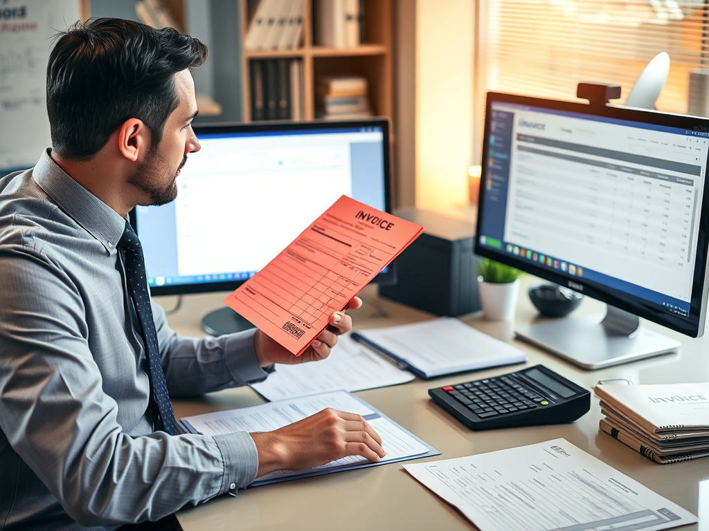 Nhân viên kế toán đang xử lý hóa đơn đỏ tại bàn làm việc văn phòng, giấy tờ được sắp xếp gọn gàng, máy tính và phần mềm hóa đơn hiển thị trên màn hình, không gian làm việc chuyên nghiệp