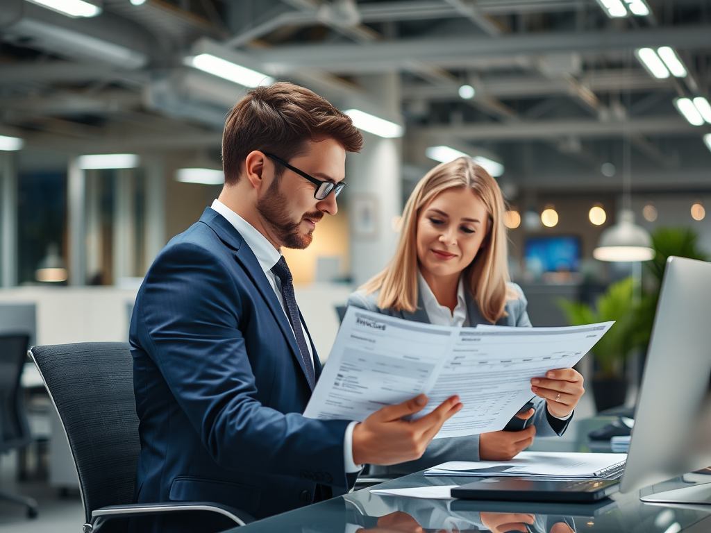 Nhân viên kế toán kiểm tra hóa đơn đỏ trên máy tính và giấy tờ tại bàn làm việc văn phòng, ánh sáng tự nhiên, môi trường làm việc chuyên nghiệp