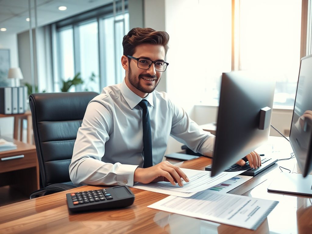 Nhân viên kế toán làm việc tại bàn với máy tính, hóa đơn và máy tính bỏ túi trong văn phòng hiện đại, ánh sáng tự nhiên rõ ràng
