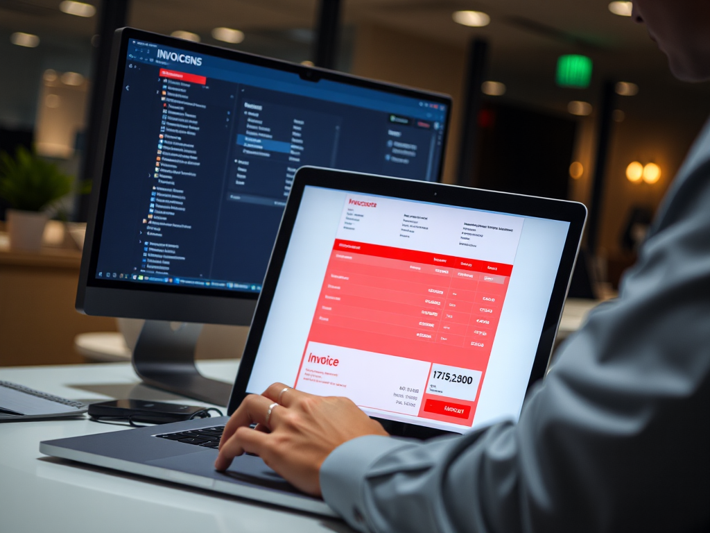 Nhân viên kế toán sử dụng máy tính xách tay để mua hóa đơn đỏ online trong văn phòng hiện đại, màn hình hiển thị các biểu mẫu số và giao diện mua hóa đơn trực tuyến
