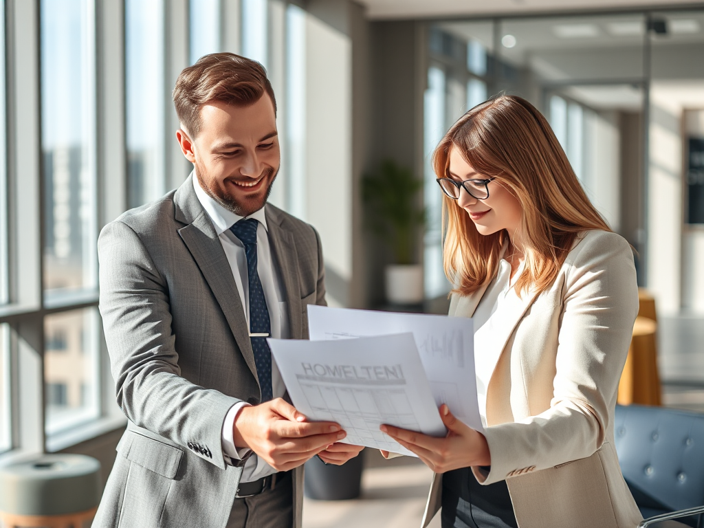 Nhân viên môi giới bất động sản hỗ trợ khách hàng xem xét hồ sơ mua bán nhà đất trong văn phòng hiện đại với ánh sáng tự nhiên từ cửa sổ lớn