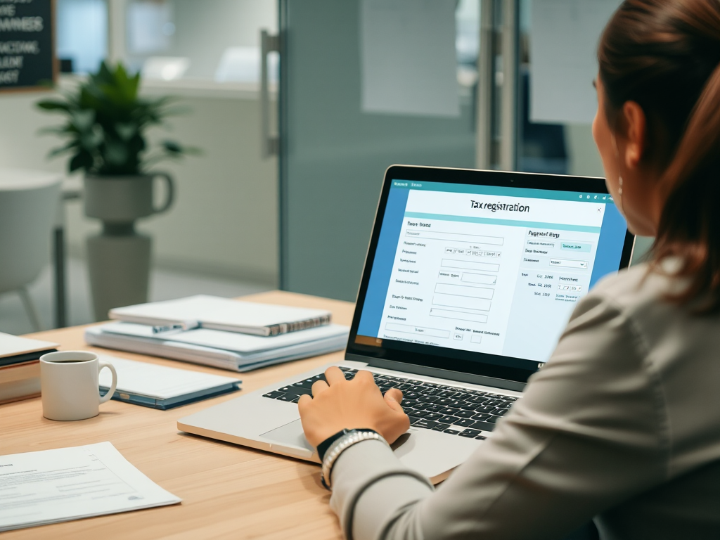 Nhân viên văn phòng đang sử dụng máy tính xách tay để hoàn tất thủ tục đăng ký thuế trực tuyến, màn hình hiển thị các biểu mẫu kỹ thuật số, không gian làm việc chuyên nghiệp với bàn làm việc và tài...