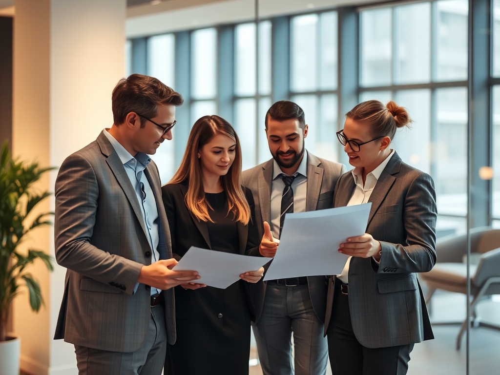 Nhóm chuyên gia đang thảo luận về hóa đơn đỏ trong phòng họp hiện đại, ánh sáng ấm áp, môi trường làm việc chuyên nghiệp